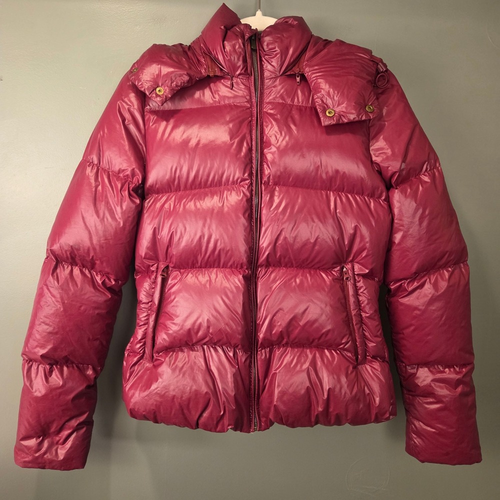 Johnbull Women's Glossy Down-Filled Hooded Puffer Jacket Red Burgundy Size M